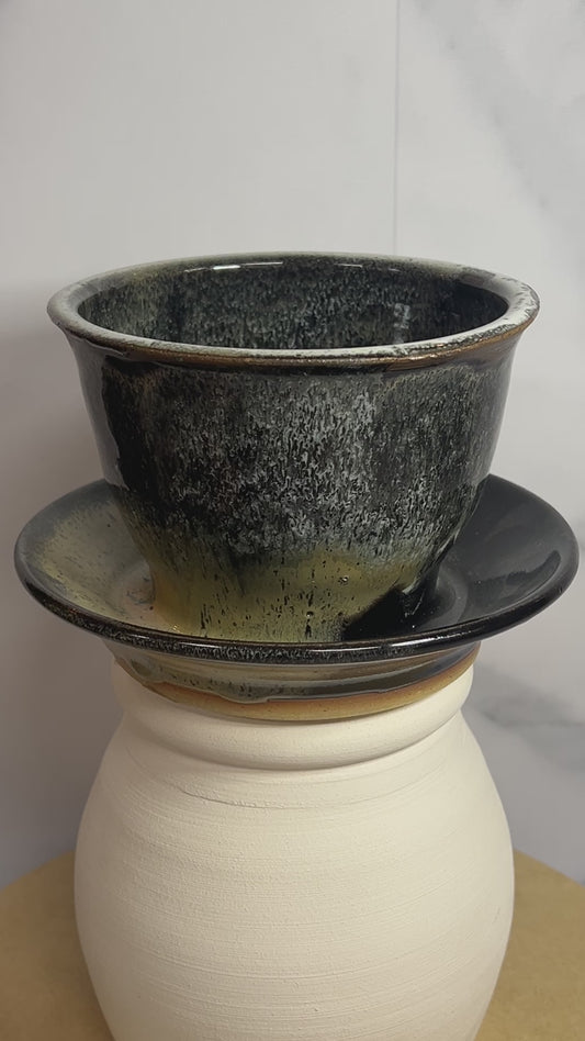 Planter Pot with Tray - 17 oz - AP Glaze Black Tan and White